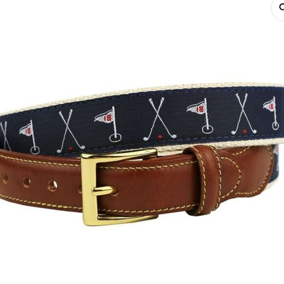 Judge Smails Golf Flags Leather Tab Belt in Navy by Country Club Prep size 32 - Picture 1 of 4